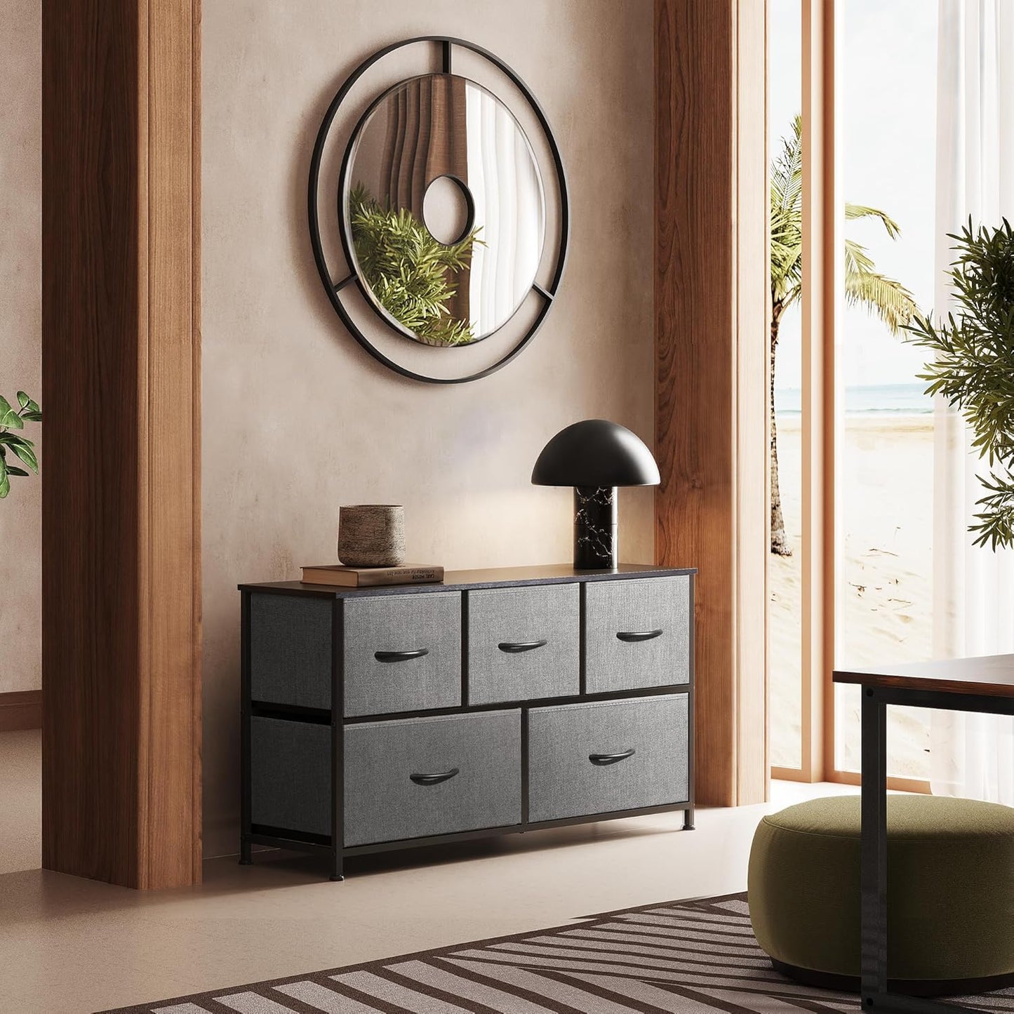 Dresser for Bedroom with 5 Drawers, Wide Chest of Drawers, Fabric Dresser, Storage Organizer Unit with Fabric Bins for Closet, Living Room, Hallway, Dark Grey