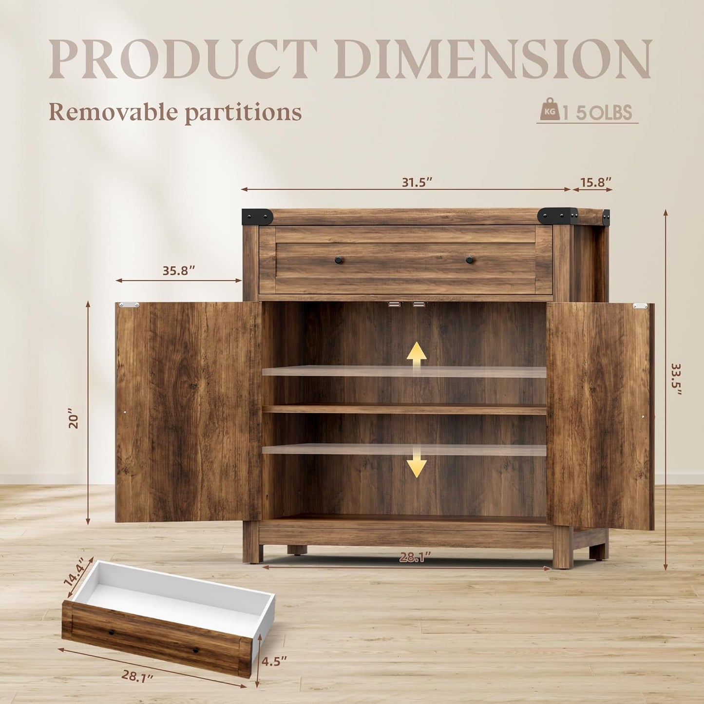 Coffee Bar and Accent Cabinet, Farmhouse Barn Door Buffet Sideboard with Drawer and Adjustable Shelf, Wide Desktop for Kitchen, Dining Room, Bathroom, Entryway, Brown