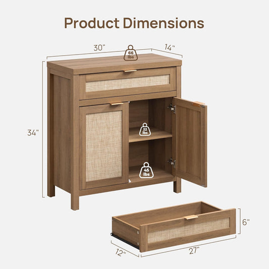 Buffet Cabinet Sideboard with Storage, Rattan Accent Cabinet with Doors Drawer, Boho Credenzas Farmhouse Buffet Table Console Coffee Bar Cabinets for Entryway Living Room, Natural Oak