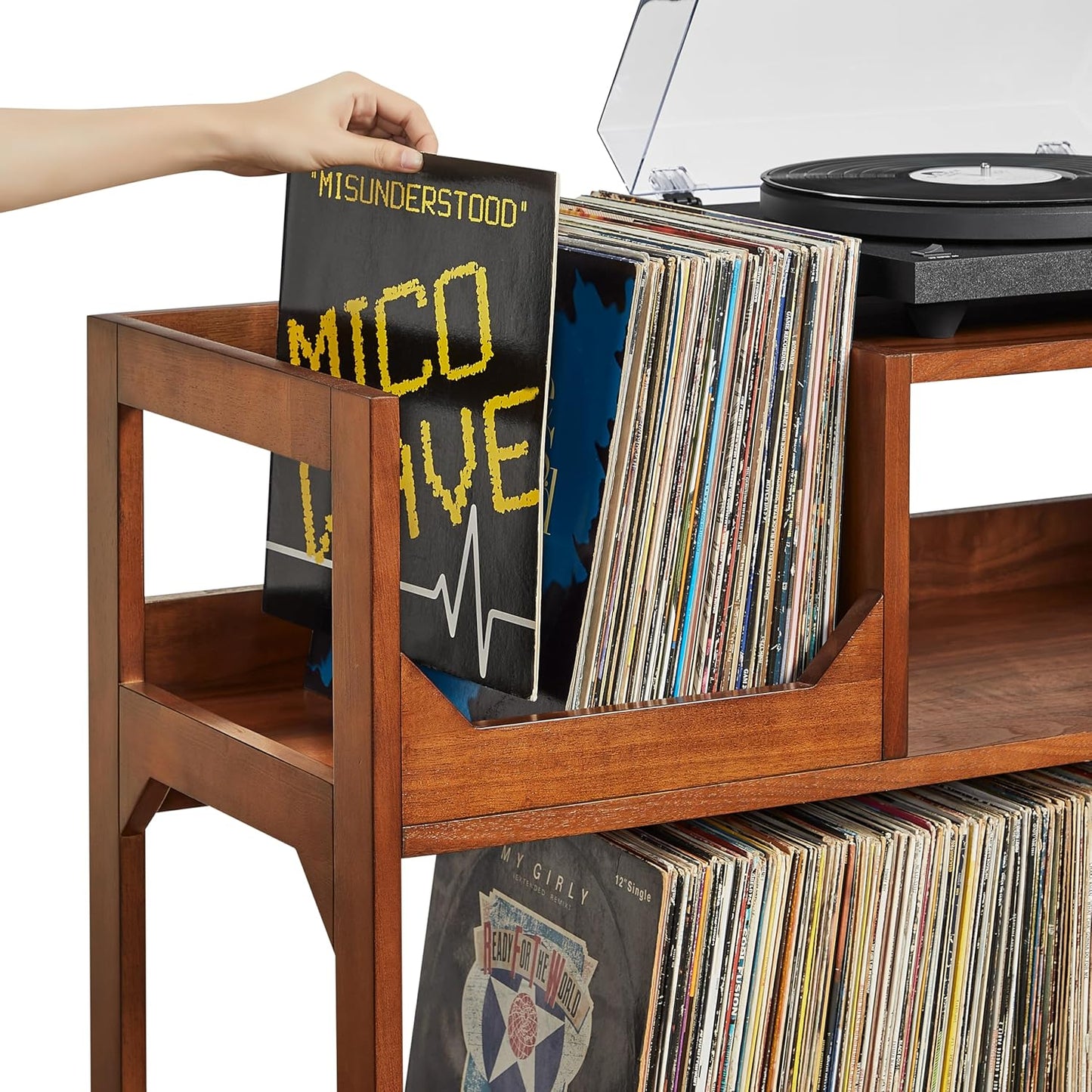 Asheville Mid-Century Modern Media Console Record Player Stand, Storage for Vinyl Records, Large, Walnut
