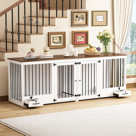 Furniture Style Large Dog Crate for 2 Dogs, 86.6" Heavy Duty Wooden Dog Kennel with Dog Bowl Drawers & Divider, Indoor Furniture Style Dog Kennel for Large Medium Dogs, Black