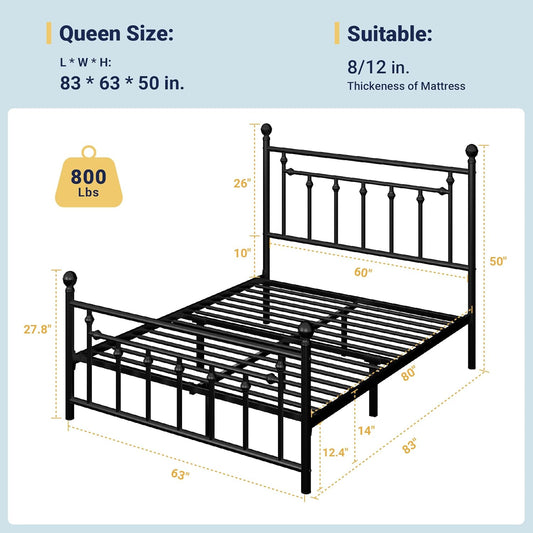 14 Inch Queen Size Metal Platform Bed Frame with Victorian Vintage Headboard and Footboard/Mattress Foundation/Under Bed Storage/No Box Spring Needed/Easy Assembly/Noise Free/Black