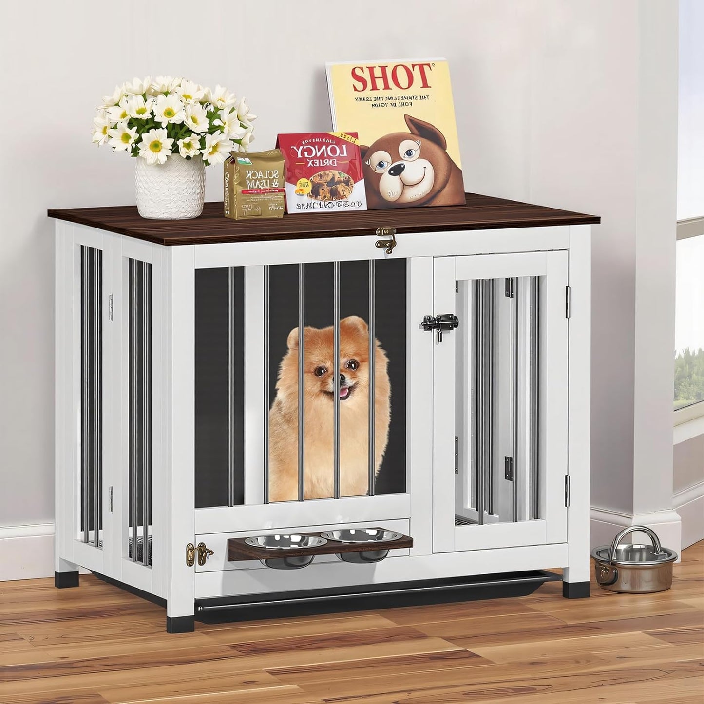 Dog Crate Furniture - 31.5" Wooden Dog Cage with Removable Tray & 360° Rotating Feeder | Decorative Dog Kennel Indoor | Multi-Functional End Table for Medium & Small Dogs | Portable Pet Crate