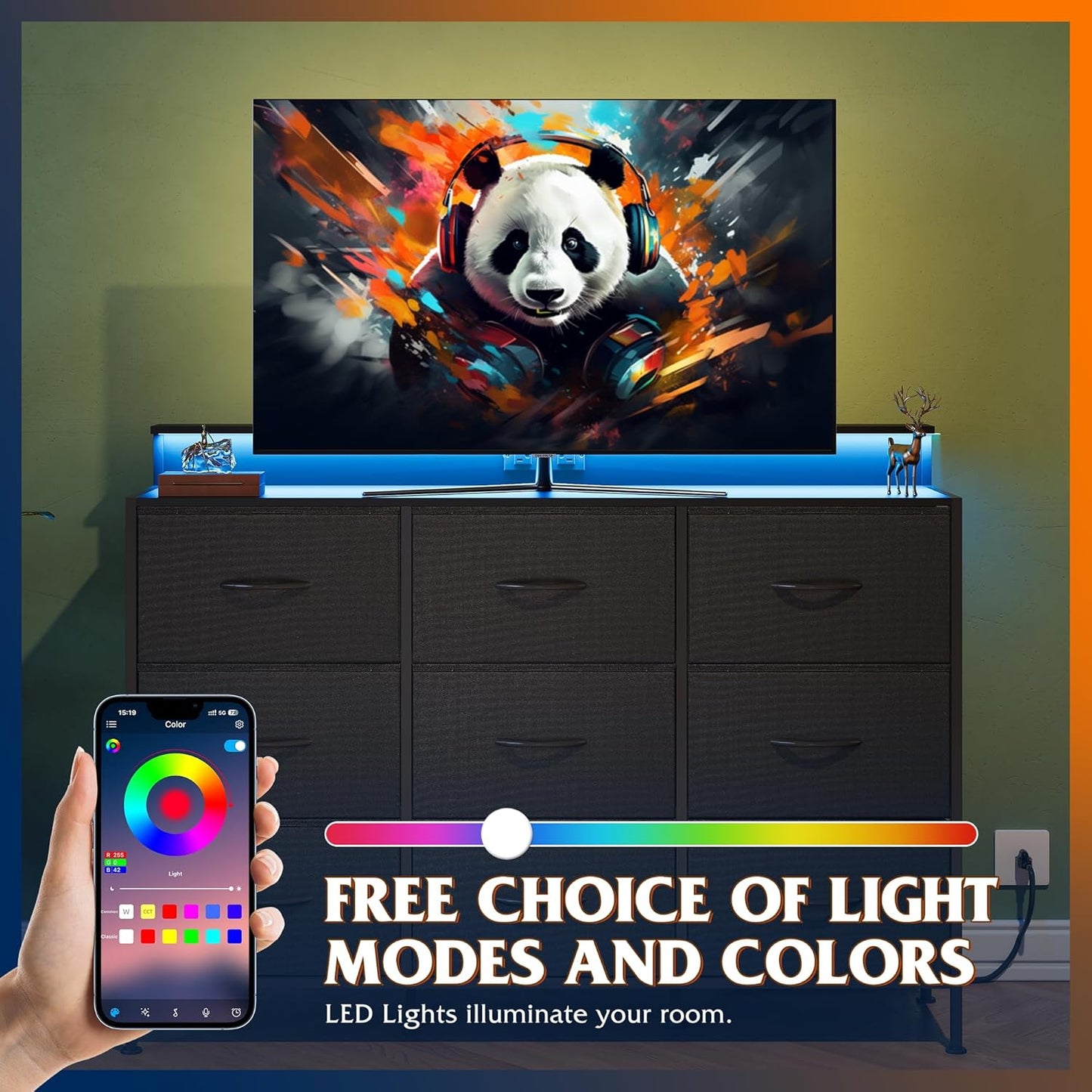 Black TV Stand for 45, 50, 55 Inch TV, Entertainment Center with LED Lights & Charging Station, TV Media Console Table with 9 Fabric Drawers and Open Shelves for Living Room, Hallway, Wood Top