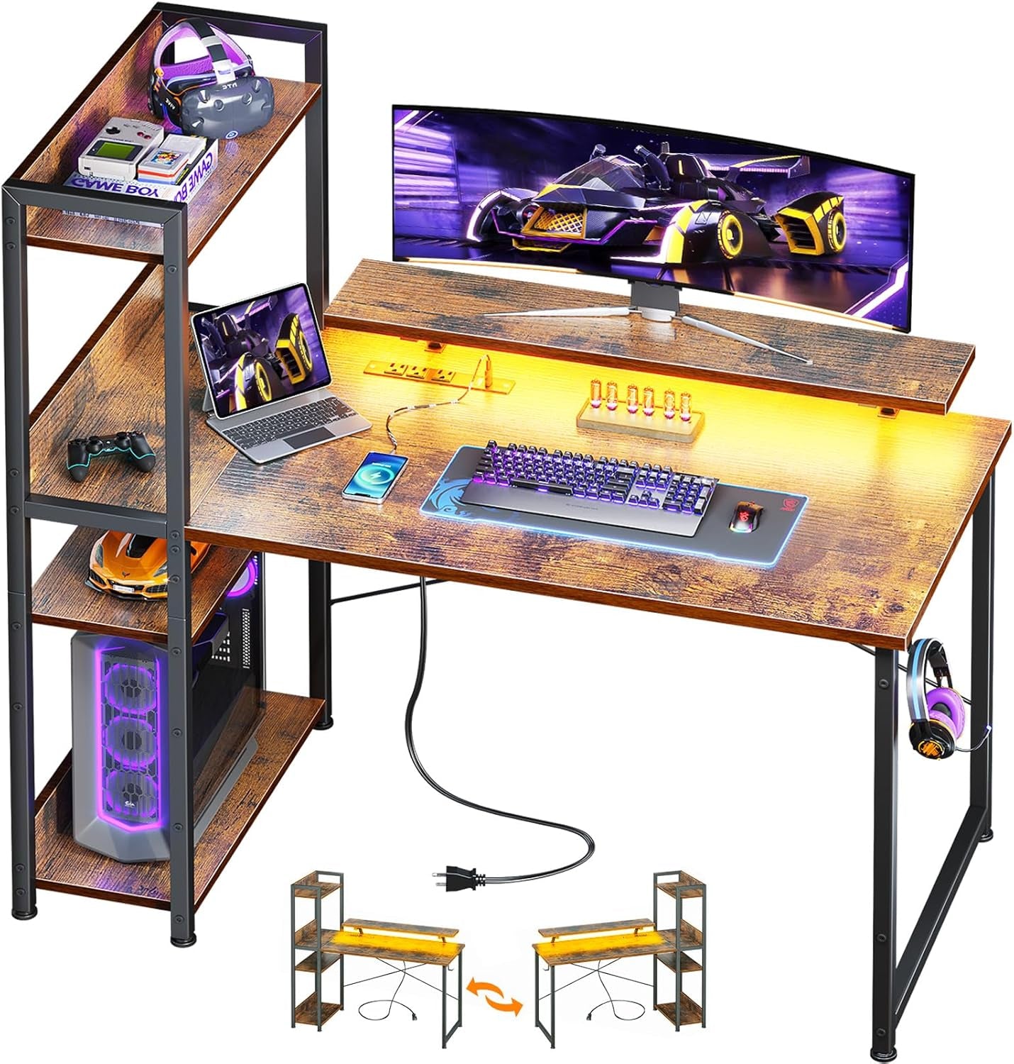 Reversible Gaming Desk with USB Charging Port and LED Lights, 40 Inch Computer Desk with Storage Shelves & Monitor Stand, Writing Study Table for Home Office, Small Space Bedroom, Rustic Brown
