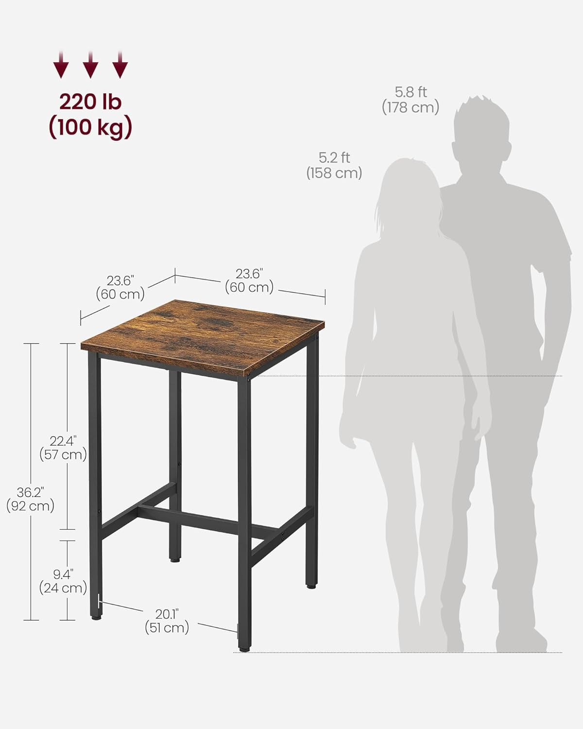 Bar Table, Small Kitchen Dining Table, High Top Pub Table, Bar Height Cocktail Table for Living Room Party, Sturdy Metal, 23.6 X 23.6 X 35.4 Inches for Narrow Spaces, Rustic Brown and Black