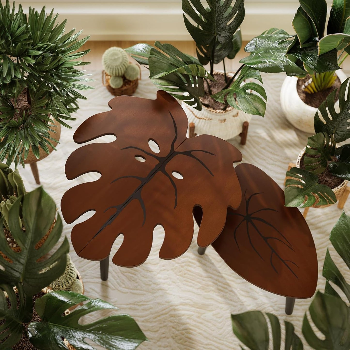 Monstera Leaf Nesting Tables Set of 2, Small Side Tables F Set with Leaf Vein Pattern, Modern Wooden Coffeetables for Living Room Bedroom Apartment Balcony Yard