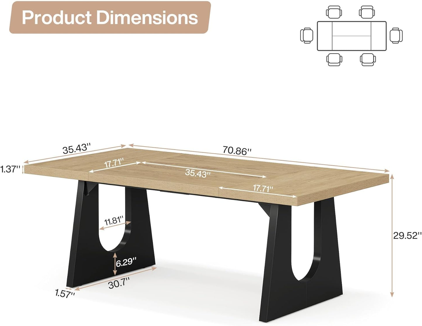 Large Dining Table for 6-8 People, 70.9-Inch Wood Rustic Rectangular Table with Black Wooden Legs, Farmhouse Center Kitchen Table for Dining Room, Living Room, Home Furniture, Oak and Black