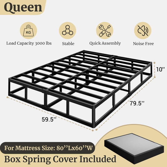Queen Box Spring, 10 Inch High Profile Box Spring for Queen Bed, 3000 Lbs Heavy Duty Metal Frame Mattress Foundation with Fabric Cover, Easy Assembly-Noise Free