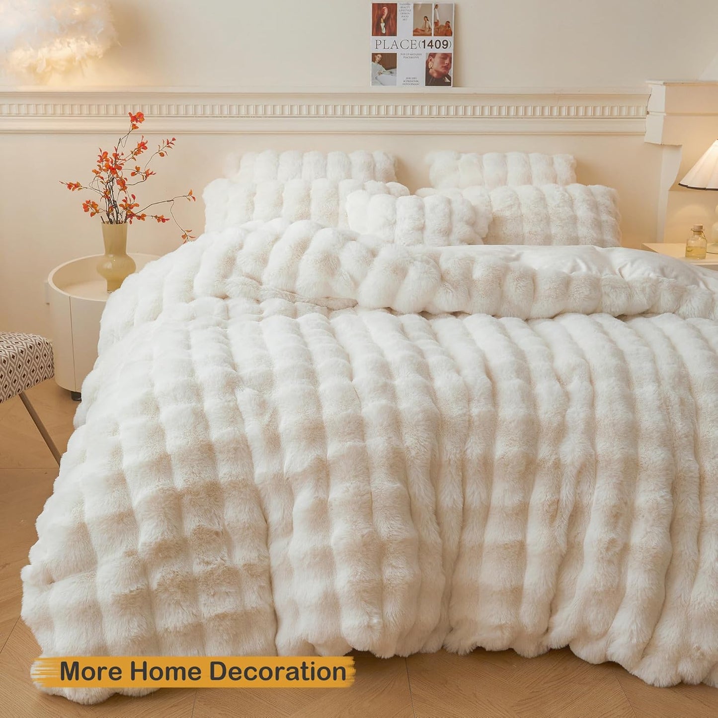 2 Pack Fluffy Faux Rabbit Fur Pillow Cases, Luxury Soft Plush Shaggy Bubble Waffle Pillowcases King Size Zipper Closure, Furry Fuzzy Ivory Long Pillow Shams Bedroom Living Room 20X36, Beige