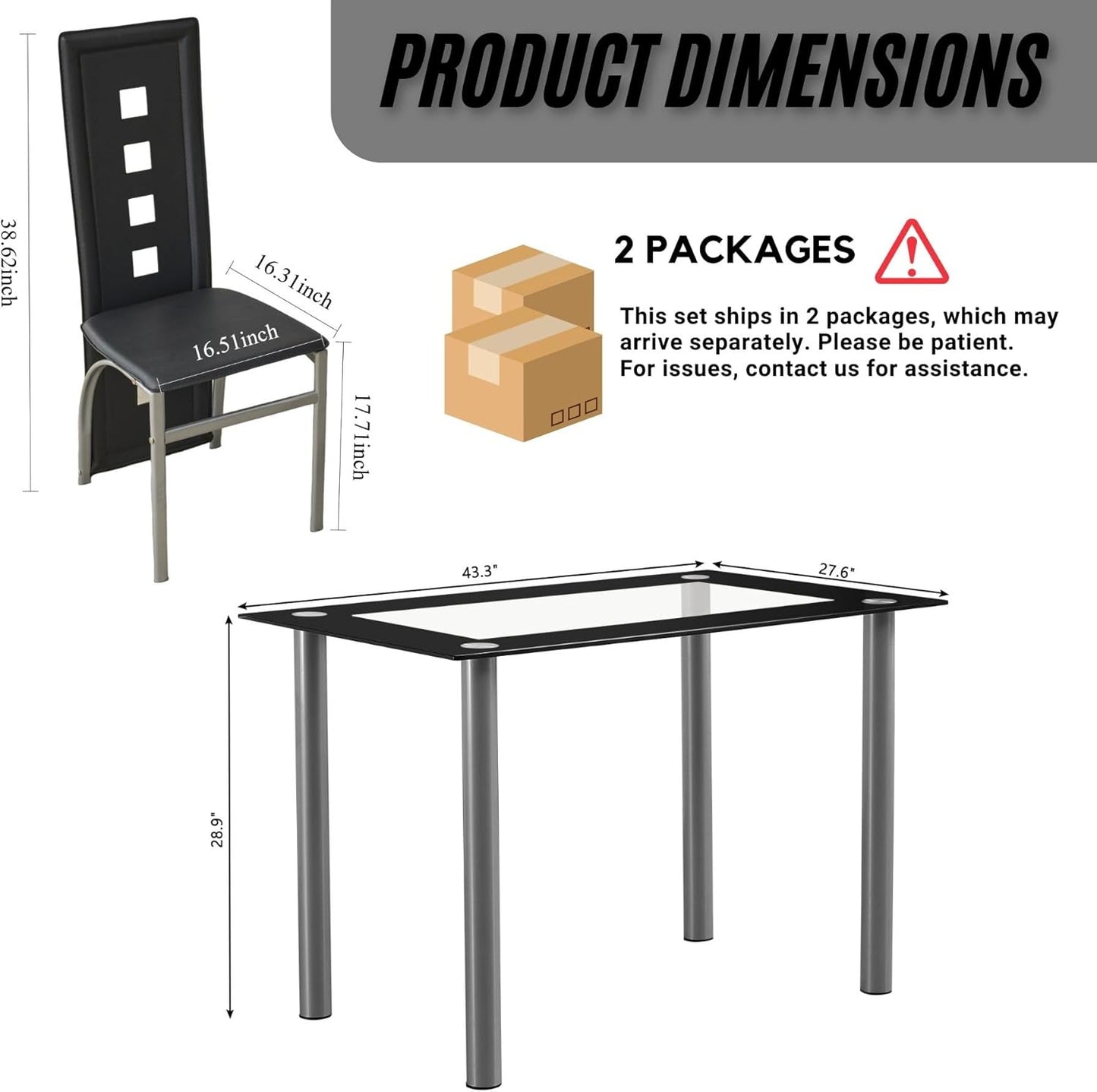 5-Piece Dining Table Set with 1 Glass Dining Table and 4 PVC Chairs, Modern Dining Table Set for Kitchen & Breakfast Dining Living Room, Space Saving