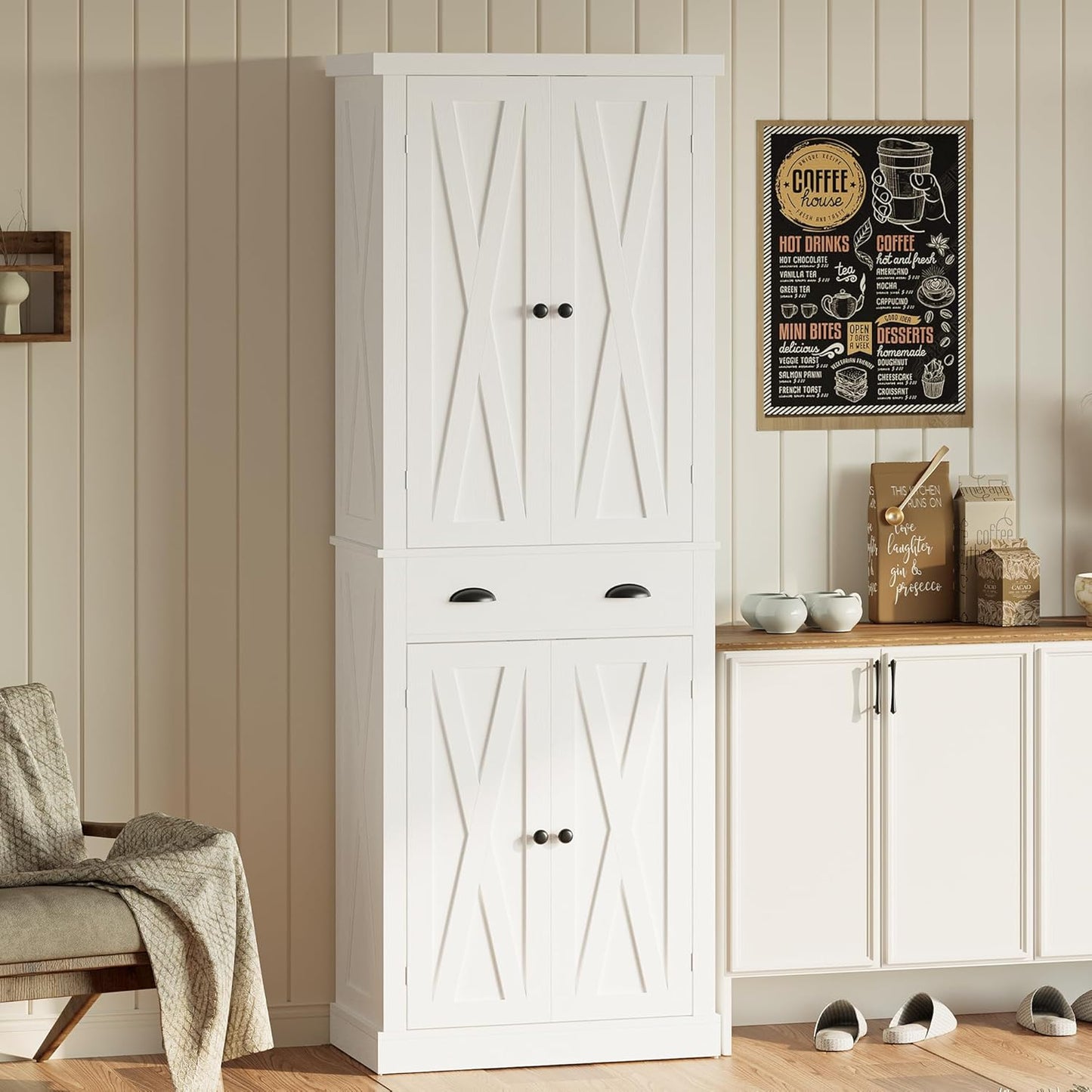 Kitchen Pantry Storage Cabinet 72.6" H X 24" W, with Barn Doors, Drawer, 4 Adjustable Shelves, Freestanding Cupboard, Laundry, White