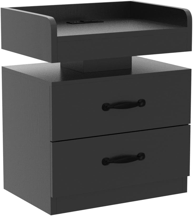 Black Nightstand with Charging Station, Bedside Table for Bedroom, LED Nightstand, Modern Night Stand with Drawers, Black