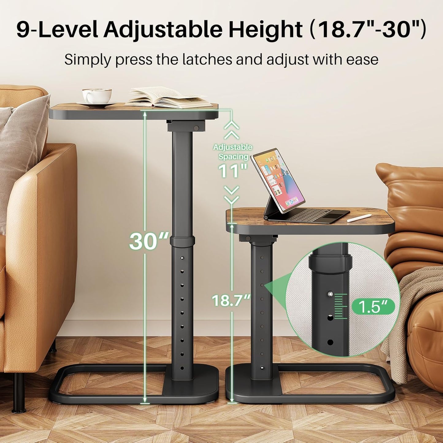 TV Tray Table, Adjustable Height & Flip-Top & Rounded Metal Corners, Snack Table for Couch, Sofa, Bed, Chair, Living Room, C Shaped End Side Table for Eating, Dinner or Laptop, Small Spaces