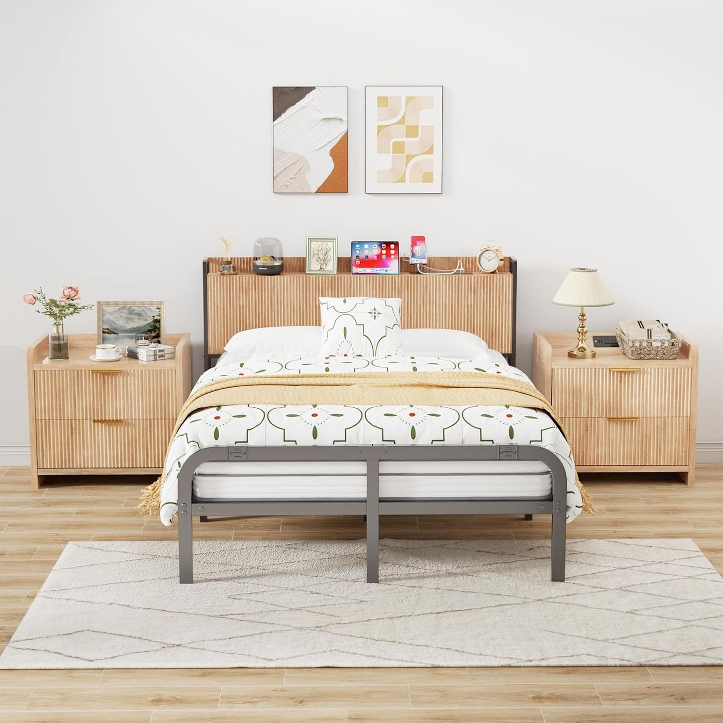 Oak fluted wood king headboard with outlets and storage, view 7