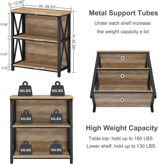 Small Bookcase, Wood and Metal Low Short Bookshelf, Industrial Book Case and Rustic Book Shelf for Small Space (Rustic Oak)