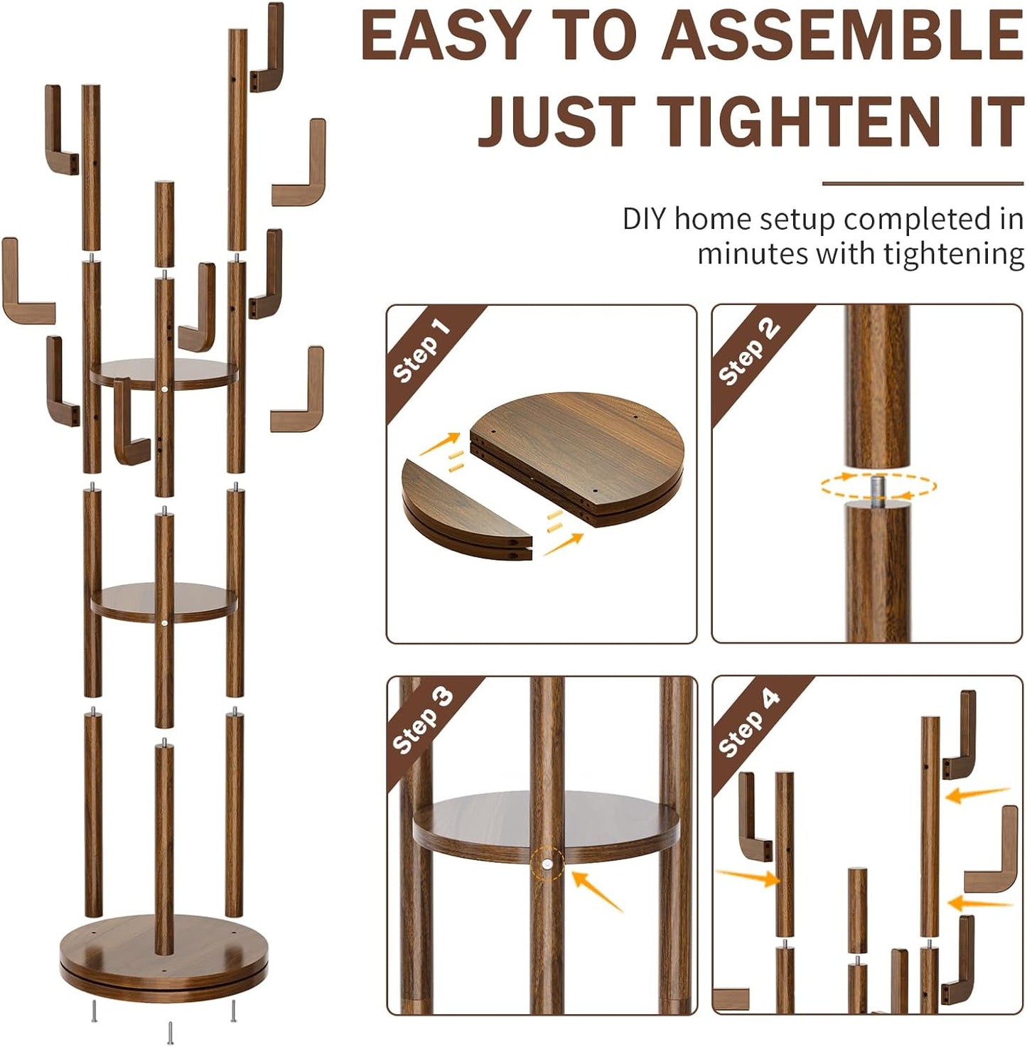 Rotary Coat Rack Freestanding - Solid Wood Coat Tree with 9 Hooks & 3 Storage Shelves for Purse, Bag, Jacket, Hat, Corner Hanger Stand Racks for Hall, Entryway, Office, Modern Clothes Holder