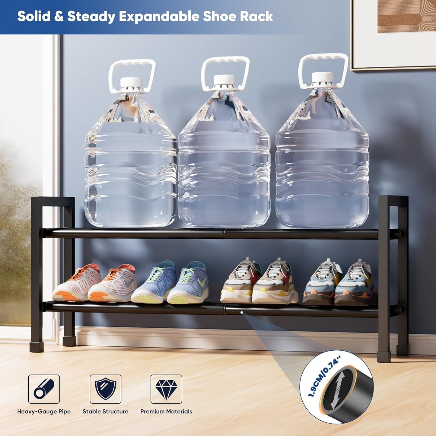 2-Tier Expandable Shoe Rack,17"-33" Adjustable Shoe Rack for Closet,Metal Shoes Shelves for Front Door Entrance, Garage & Corridor, Free Standing Shoe Holders, Easy to Assemble,Black