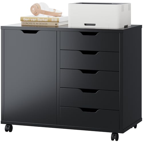 5 Drawer File Cabinet Office Drawers Organizer with Wheels Rolling, Under Desk Cabinets with Shelves and Door Printer Stand with Wood Board Metal Frame for Home Office Storage Craft Room, Black