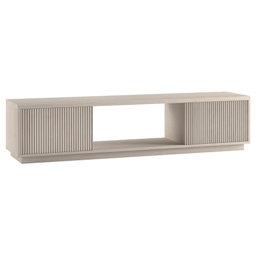 Fluted TV Stand for TVs up to 78" with 2 Ribbed Side Storage Cabinets and Open Center Storage for Living Room, Family Room, or Office, Beech White