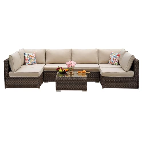 7-Piece Outdoor Patio Furniture Set - PE Wicker Sectional Sofa Set,with (Beige) Cushions and Glass-Top Coffee Table, Perfect for Gardens, Poolside, Backyard, Beige/Brown