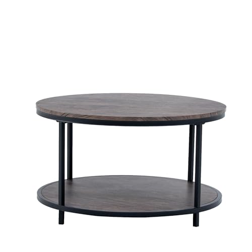 Round Coffee Table, 30" Rustic Coffee Table,Cocktaile Table with 2-Tier Wooden Storage Shelf, Modern Living Room Furniture, Brown