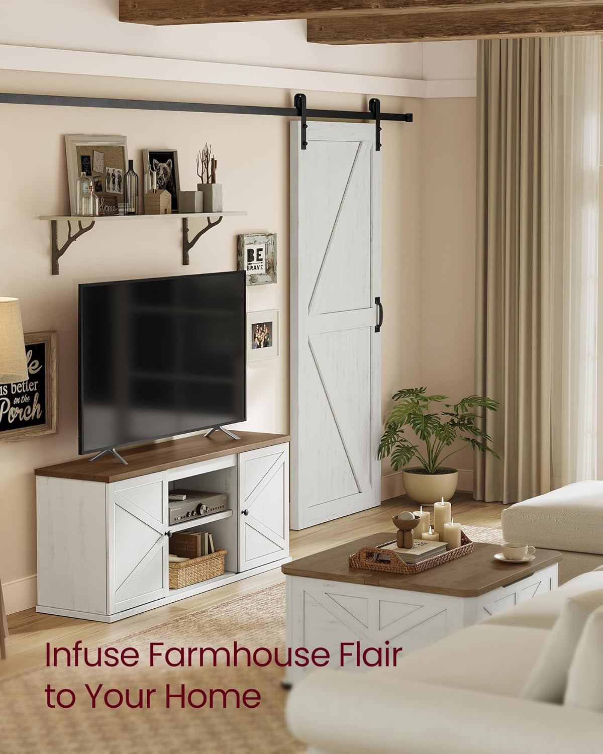 Rustic white and honey brown farmhouse TV stand with sliding barn doors, view 7