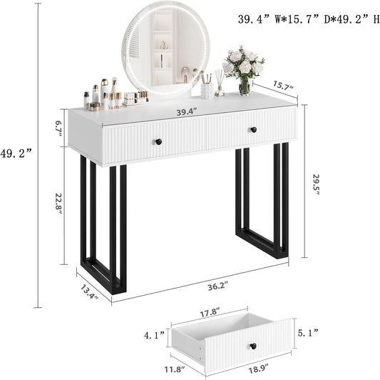 White Vanity Desk with Mirror and Lights, Small Makeup Vanity with 2 Drawers, Modern Vanity Organizer with 3 Color Lights&Adjustable Brightness, Dressing Table for Bedroom