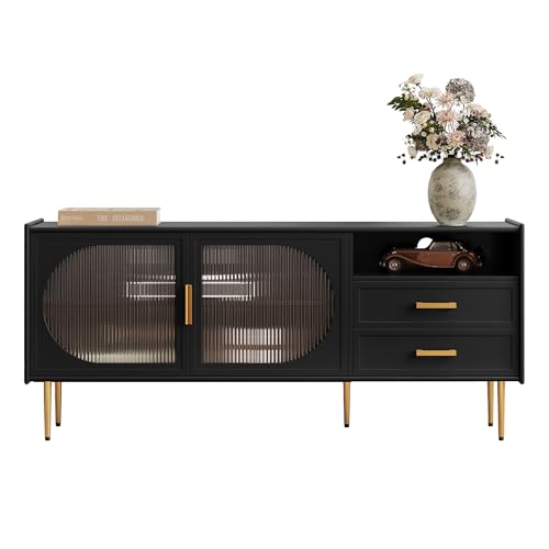 Modern 60” TV Stand for 55/60/65 inches TVs, Glass Door TV Console Table with Drawers, Entertainment Center with Storage, Black Television Stands, Wood Media TV Cabinet, Living Room