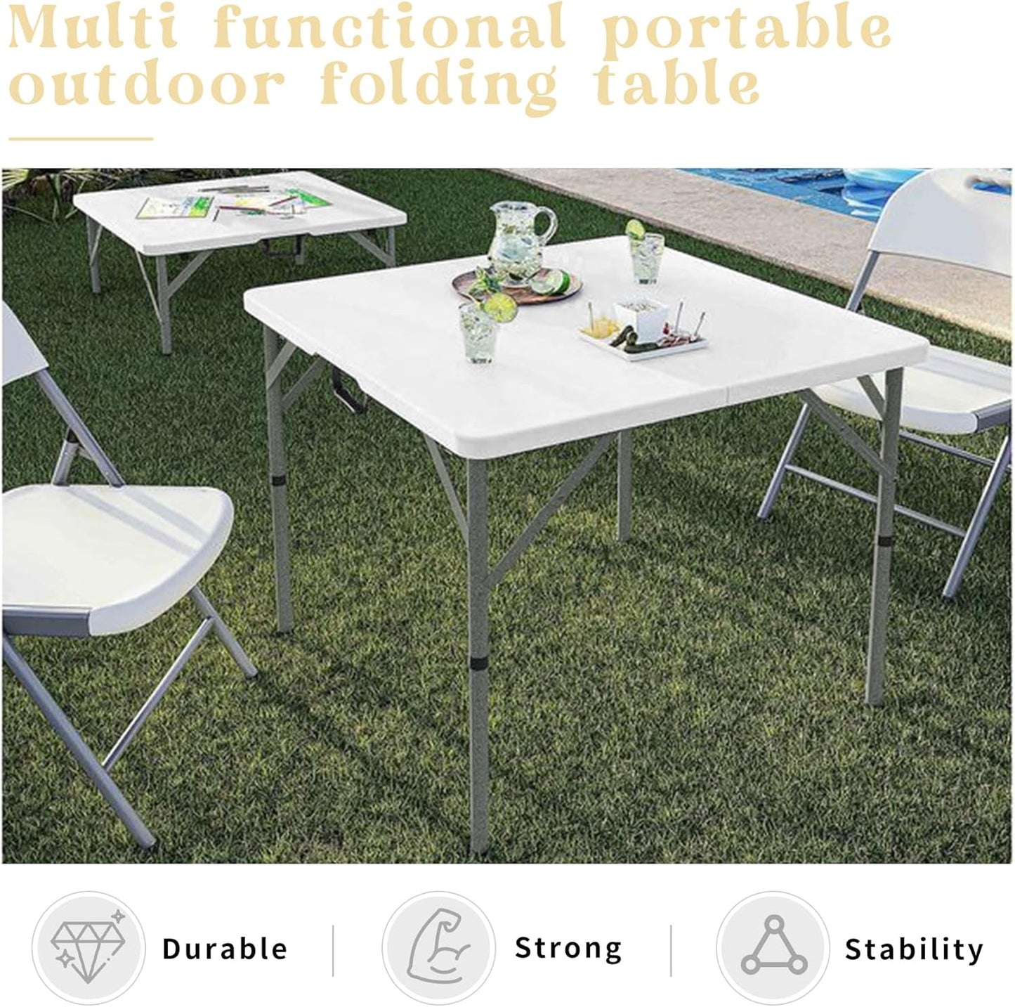34" Square Folding Table,Multi-Functional Portable Folding Card Table with Carrying Handle for Indoor Outdoor Camping,Picnic, Office, Party Use, HDPE Plastic Tabletop with Metal Frame(White)