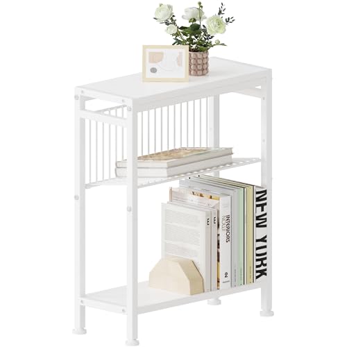 Side Table for Small Spaces, Narrow End Table with Magazine Holder, 2 in 1 Design Slim Side Table, Skinny Nightstand for Living Room Bedroom, Thin Side Magazine Table, White