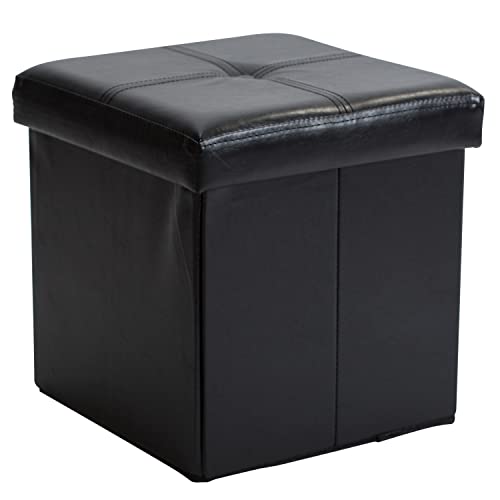 Faux Leather Folding Storage Ottoman | Single | Collapsible | Tufted Padded Seating | Foot Rest | Bench | Toy Box | Black
