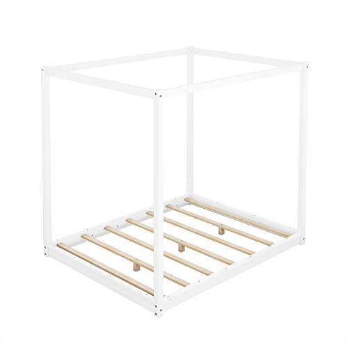 Queen Size Canopy Bed, Wood Queen Platform Floor Bed with Slat Support, view 8