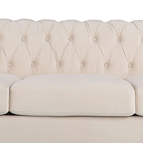 Velvet Chesterfield Sofa, Classic Tufted Upholstered Couch, Modern 3 Seater Couch Long Settee Furniture with Tufted Back for Living Room Office (Beige)
