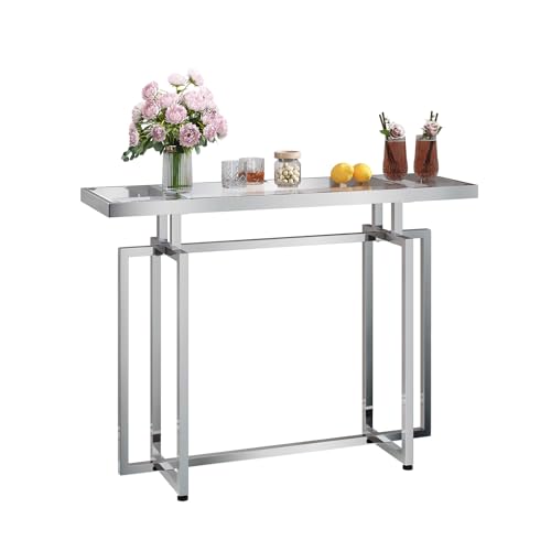 Glass Console Table for Entryway, Modern Entryway Table with Tempered Glass & Chrome Frame, Silver Sofa Table for Living Room Hallway