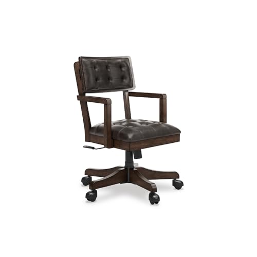 Dark brown faux leather tufted office desk chair with casters, view 2