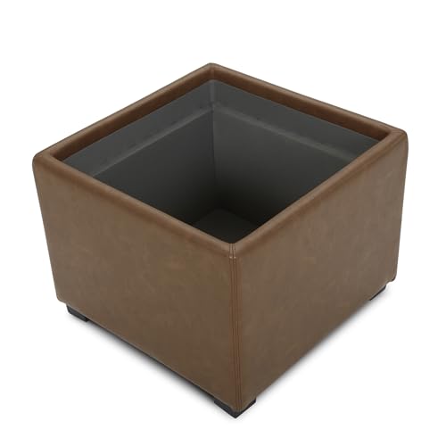 CHITA Storage Ottoman Cube with Tray Lid, Small Footstool with Storage, Square End Table for Living Room and Bedroom, Faux Leather in Saddle Brown