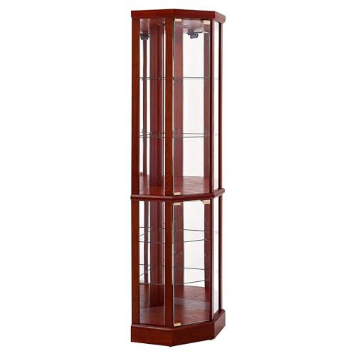 6 Shelf Lighted Corner Curio Cabinet with Adjustable Tempered Glass Shelves and Mirror Back, Cherry(E26 Light Bulb not Included)