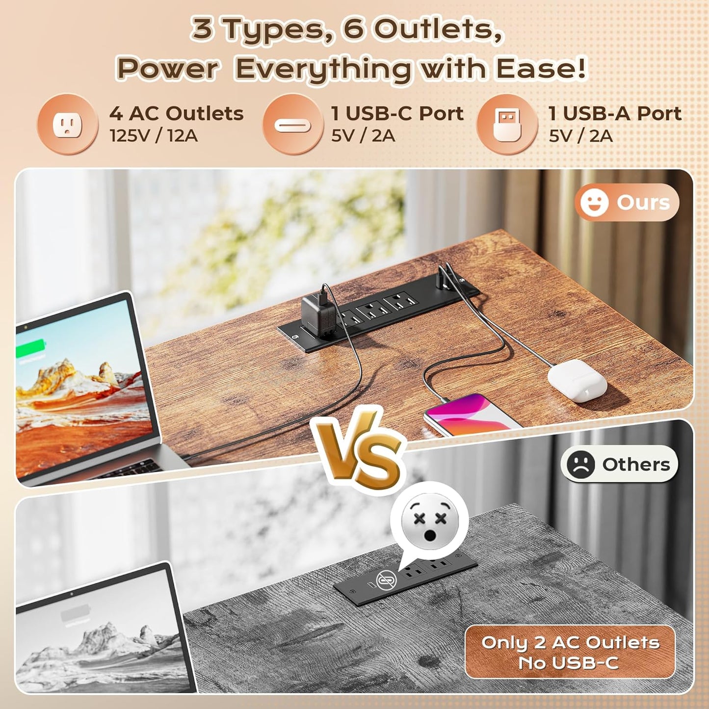 63 Inch L Shaped Desk with Power Outlets and USB-C Port, Computer Corner Home Office Desk with File Fabric Drawers and Movable Monitor Stand, Larger Storage, Gaming, Writing, Rustic Brown
