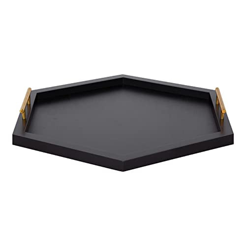 Halsey Hexagon Decorative Wooden Tray with Polished Metal Handles; 22 x 19; Black and Gold; Modern Glam Wood Hexagon Serving Tray for Display or Decoration