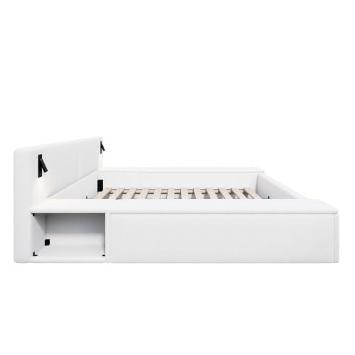 Queen Size Teddy Fleece Platform Bed, Hidden Storage & Built-In Nightstands