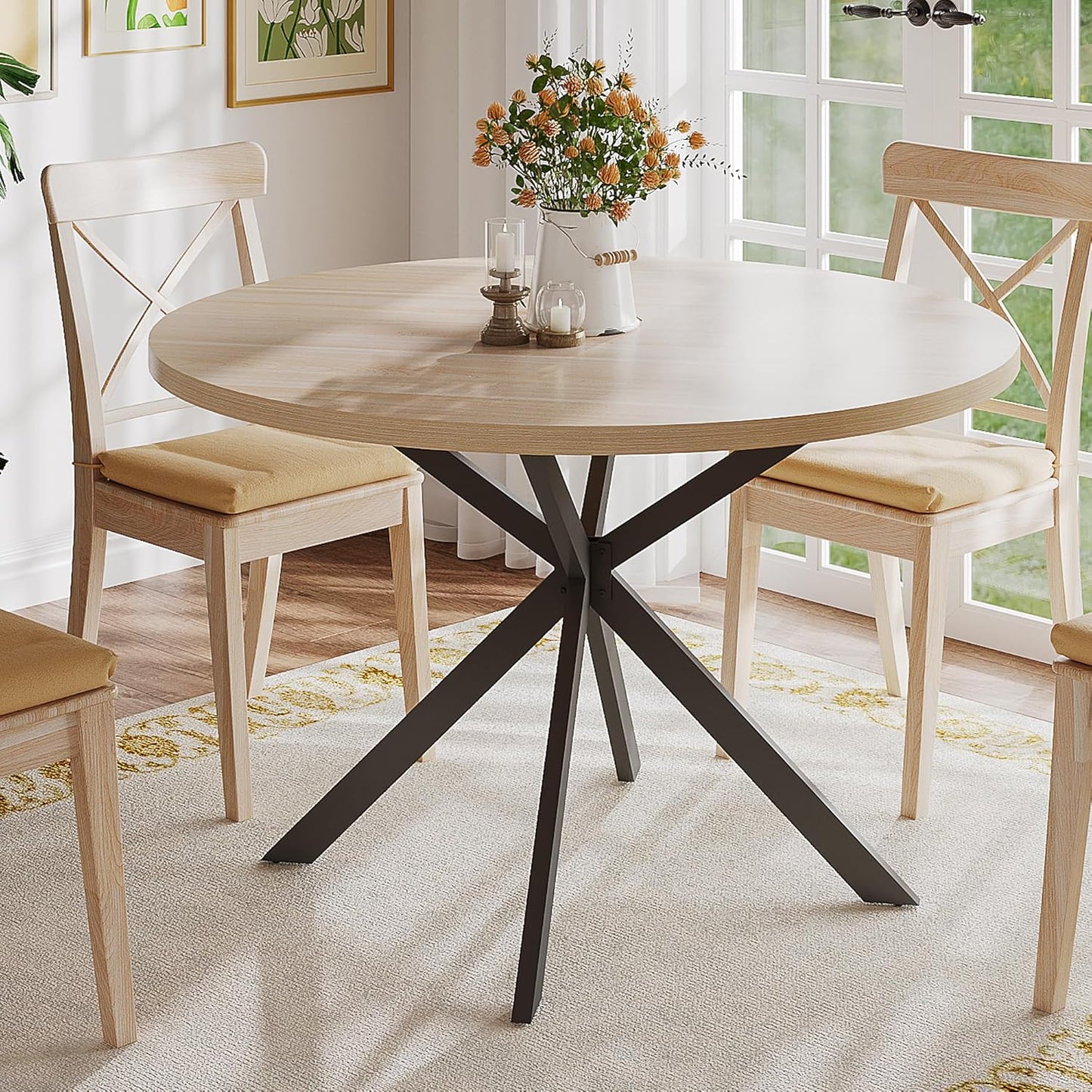 47.2 Inch round Dining Table for 4, Farmhouse Wood Kitchen Table, Circle Dinner Table for Kitchen & Dining Room, Natural Oak