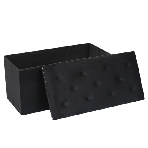 Velvet Storage Ottoman Bench with Foot Rest, Large Long Folding Shoes Stool, Sturdy Space-Saving Furniture for Bedroom Living Room, Black, 30"x15"x15"