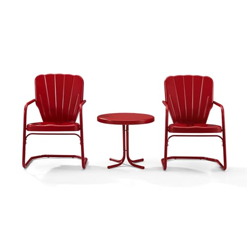 Red retro metal three-piece seating set with side table, view 2
