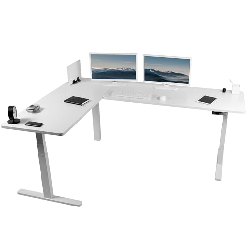 VIVO Electric Height Adjustable 83 x 60 inch Corner Stand Up Desk, 2 White Solid Table Tops, White Frame, Memory Controller, L-Shaped Workstation, 3E Series, DESK-KIT-3E8W