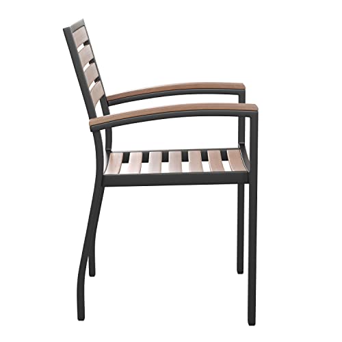 Stackable Aluminum Patio Chair - Set of 2 All-Weather Black Framed Side Chair with Faux Teak Slats - Commerical Grade