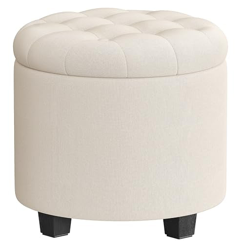 SONGMICS Round Ottoman, Ottoman with Storage, 17.7 x 17.7 x 17.5 Inches, Foot Rest with Legs, Linen-Look Fabric, Load up to 330 lb, for Living Room, Bedroom, Light Beige ULOM011W01