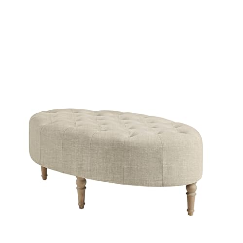 Clara Coffee Table - Solid Wood Frame, Soft Fabric, Button Tufted, Oval Large Accent Ottoman - Modern Foam Padded Top Footstool Cocktail Living Room Furniture, Linen