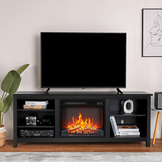 Fireplace TV Stand, Wood Texture Entertainment Center with 23'' Electric Fireplace, Farmhouse Entertainment Stand Media TV Console for Tvs up to 80'', 70 Inches, Black