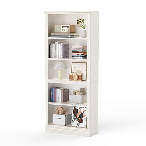72 in Tall Bookcase, 31.3 in Wide Floor Standing Bookshelf, Open Storage 5-Shelf Bookshelves, Cream White Large Indoor Furniture for Home Office School Library Living Room Bedroom